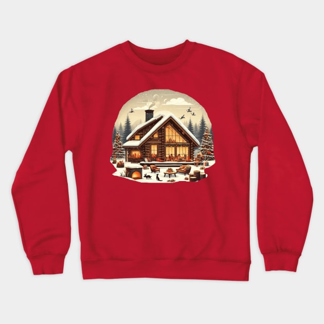 a warm and inviting cabin surrounded by a snowy landscape. and there's elements like a crackling fireplace, decorated Christmas tree, and a family or group of friends enjoying the holiday season inside. Crewneck Sweatshirt by maricetak